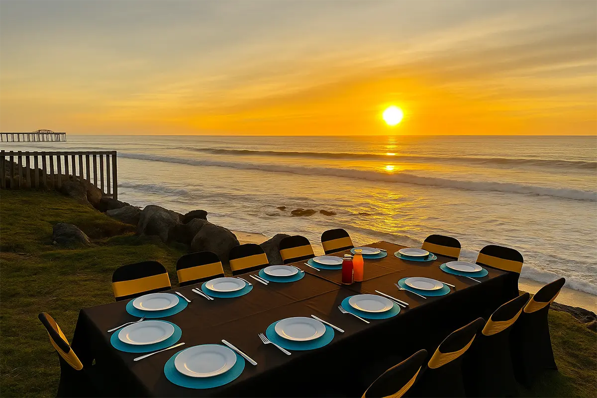 Seaside leisure gathering scene. Various items are placed, with greenery and the sea around